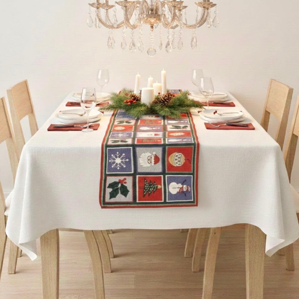 Christmas Tapestry Table Runner 72x13 Cotton Snowman Santa Holly by Holiday Home